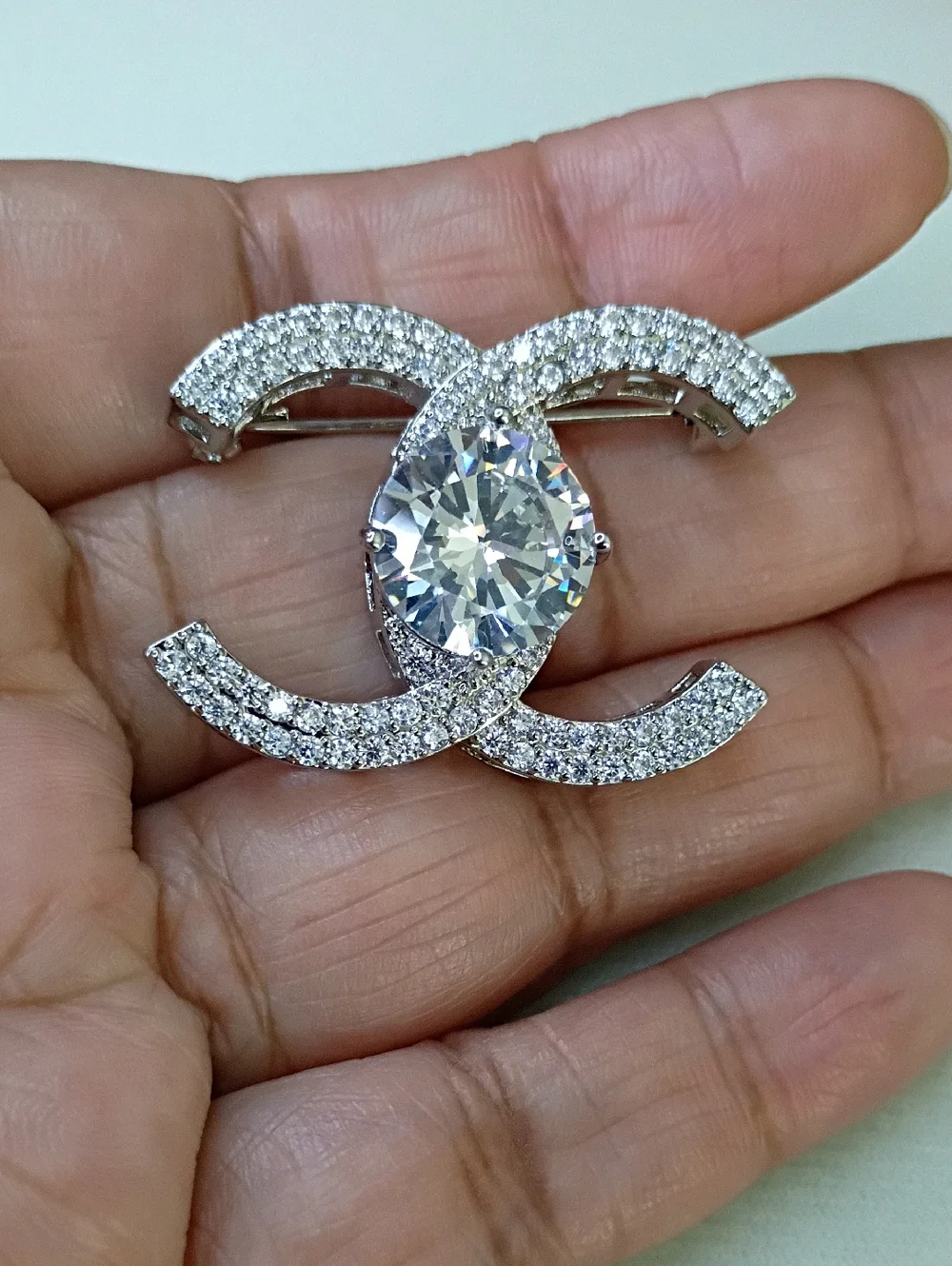 New Silver-Tone Crystal Double-C Resemblance Brooch - Clear